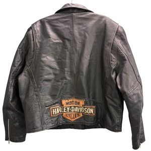 Vintage FMC black leather‎ motorcycle jacket with Harley Davidson patch XL